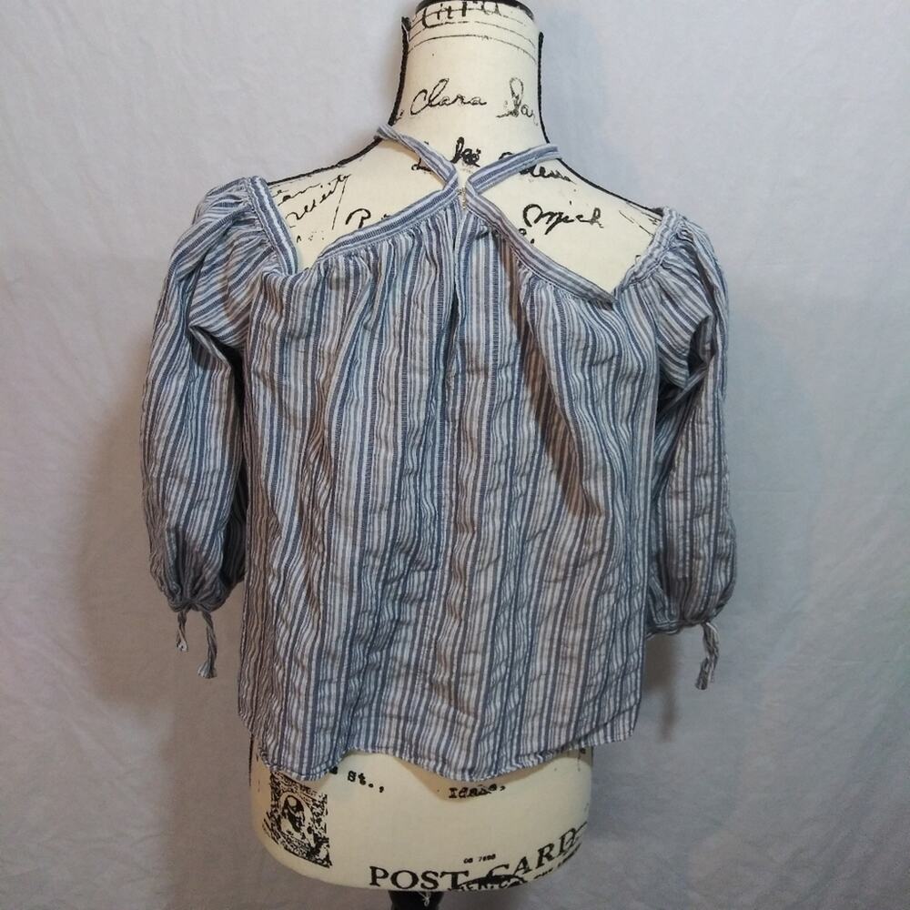 Rebecca Taylor Striped Blue Cotton Peasant Top Boho Size 4 - Picture 6 of 8